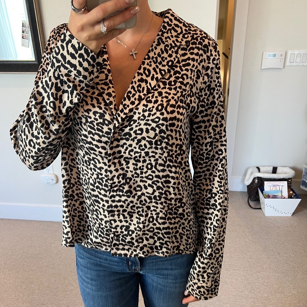 Kittenish Leopard Print Satin Button-Down Blouse - Medium